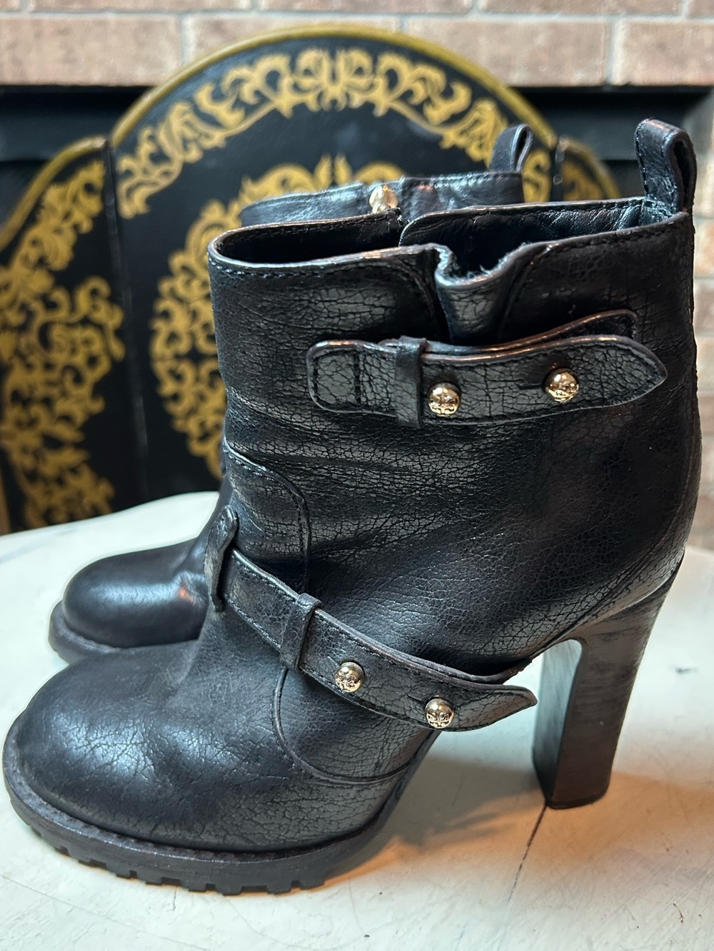 TORY BURCH Landers Leather Moto Bootie Black Ankle Motorcycle Boots size 7 Shoes